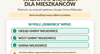 Ważna informacja dla mieszkańców dotycząca płatności na rachunki bankowe Gminy Wilkowice